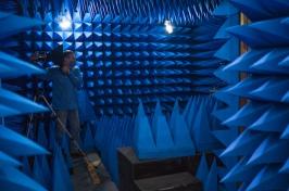 All blue room with acoustic pyramid-shaped foam