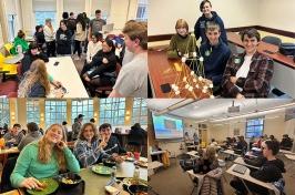 four photos of students in classrooms and the dining hall