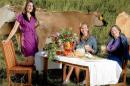 joanne curran-clentano with students at dinner table in field with cows