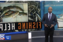 newscaster in front of photo of fish that says fishing help