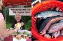 Two images are shown. On the left is a bin full of fresh seafood. 右边是在农贸市场摊位上卖乳制品的妇女.