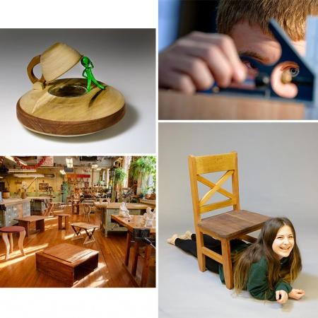 four photos: student with ruler, round box with alien sculpture on it, woman under wooden chair, woodshop with holiday decorations